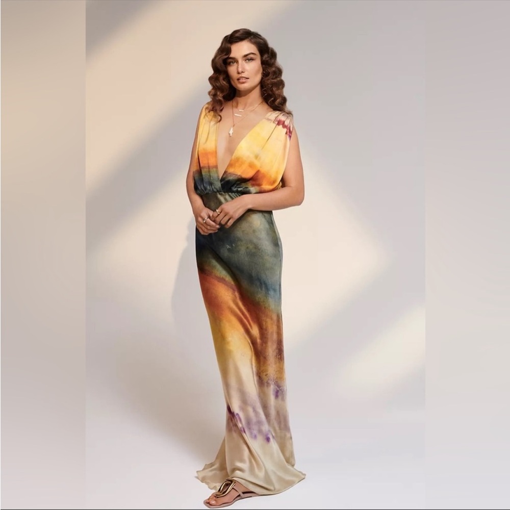 Mes Demoiselles silk maxi dress 36 size 4 blue green orange gold magenta ombre